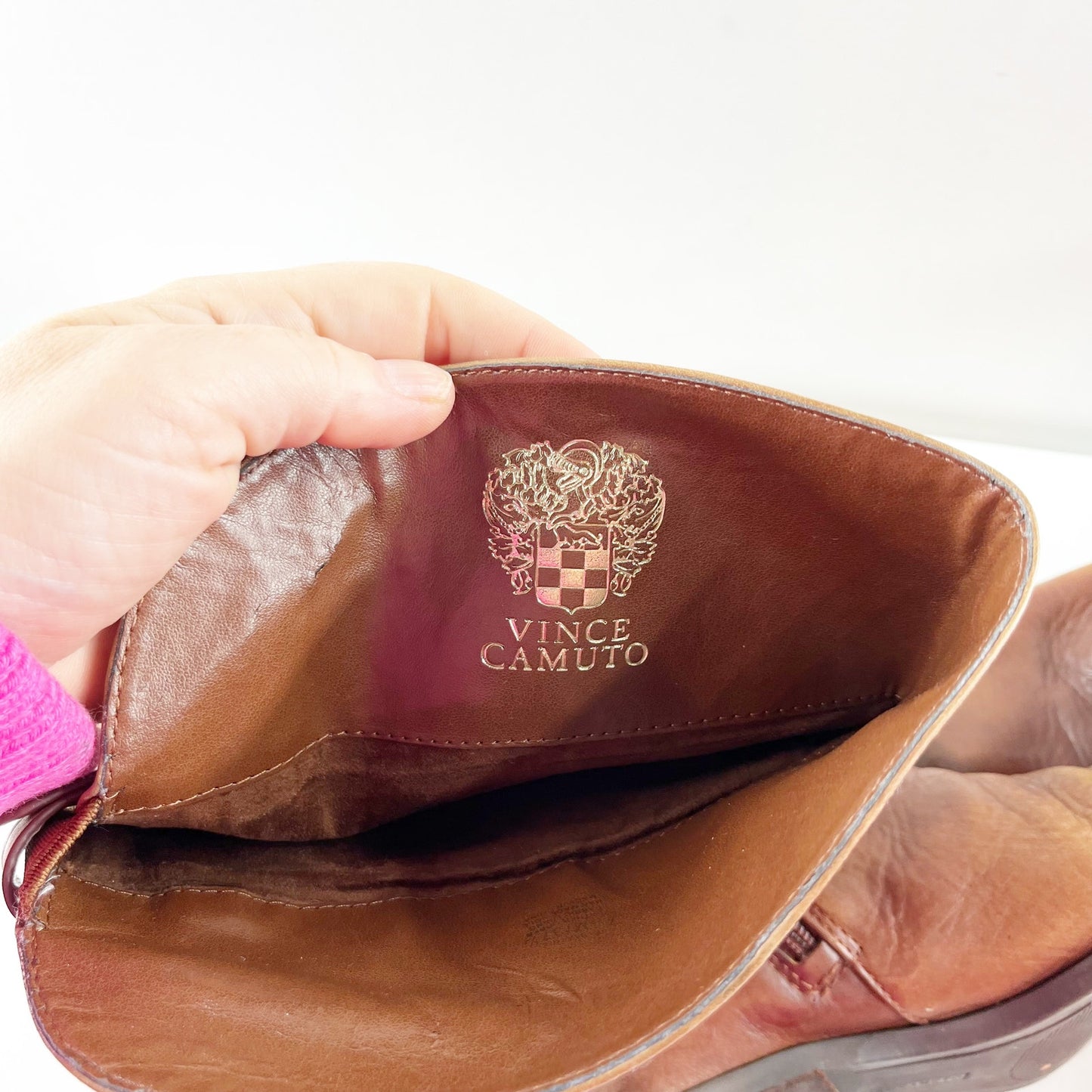 Vince Camuto Leather Beatrix Block Stacked Heel Knee High Riding Boots Brown 7.5