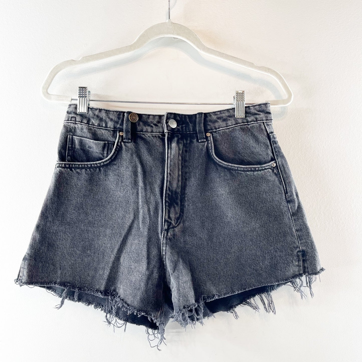 Zara High Waisted Frayed Hem Denim Cutoff Jean Short Faded Black 6