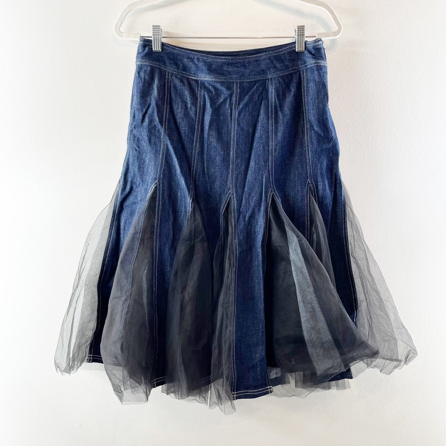 Pilcro Anthropologie Tulle Godet Denim Midi Skirt Blue Black 4