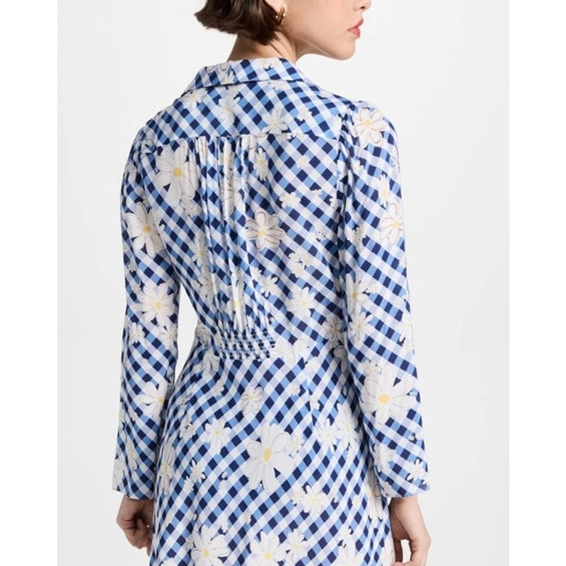 RIXO Renata Riviera Daisy Check Print Mini Dress Blue and White US 4 / XS