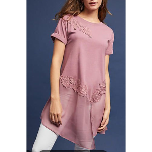 Akemi + Kin Anthropologie Kris Lace Sheer Hem Asymmetrical Tunic Top Shirt Pink