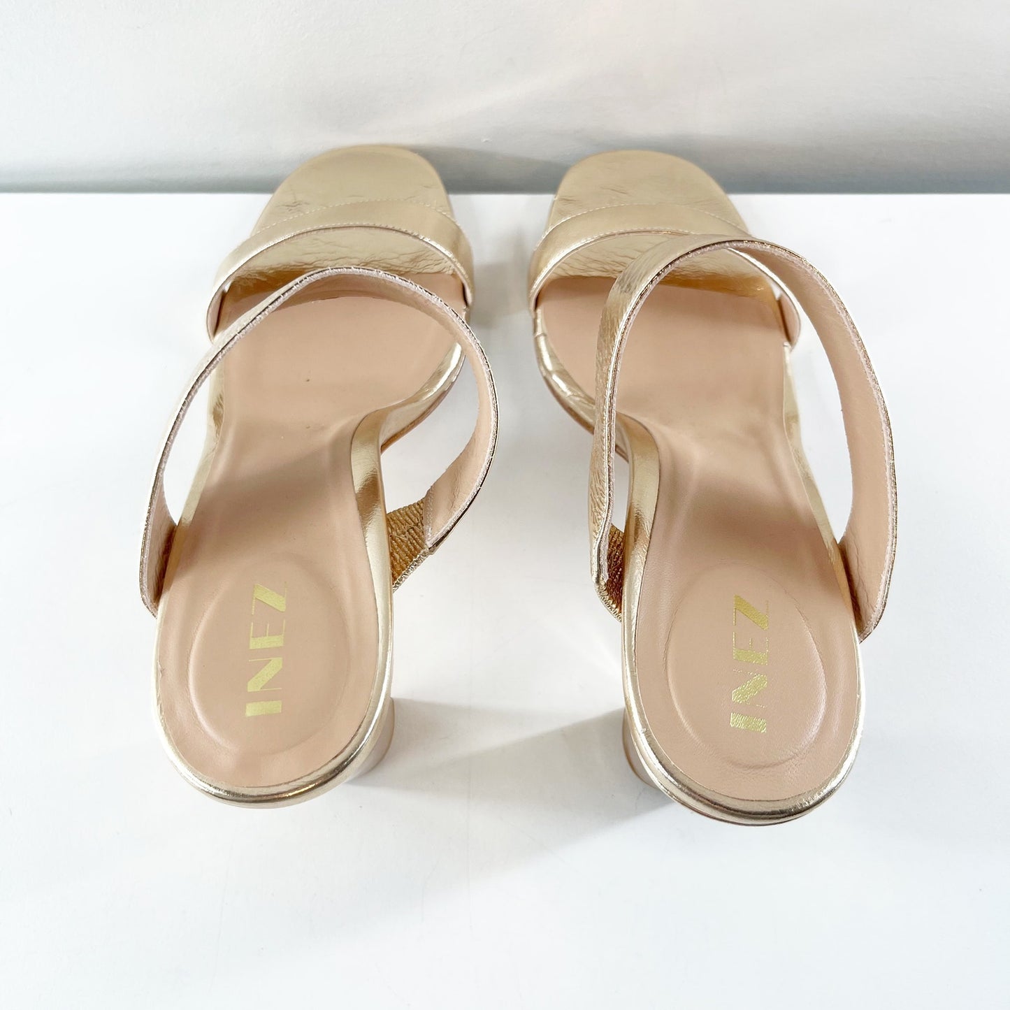 Inez Sara Metallic Leather Slip On Double-Strap Block Heel Sandals Gold 9