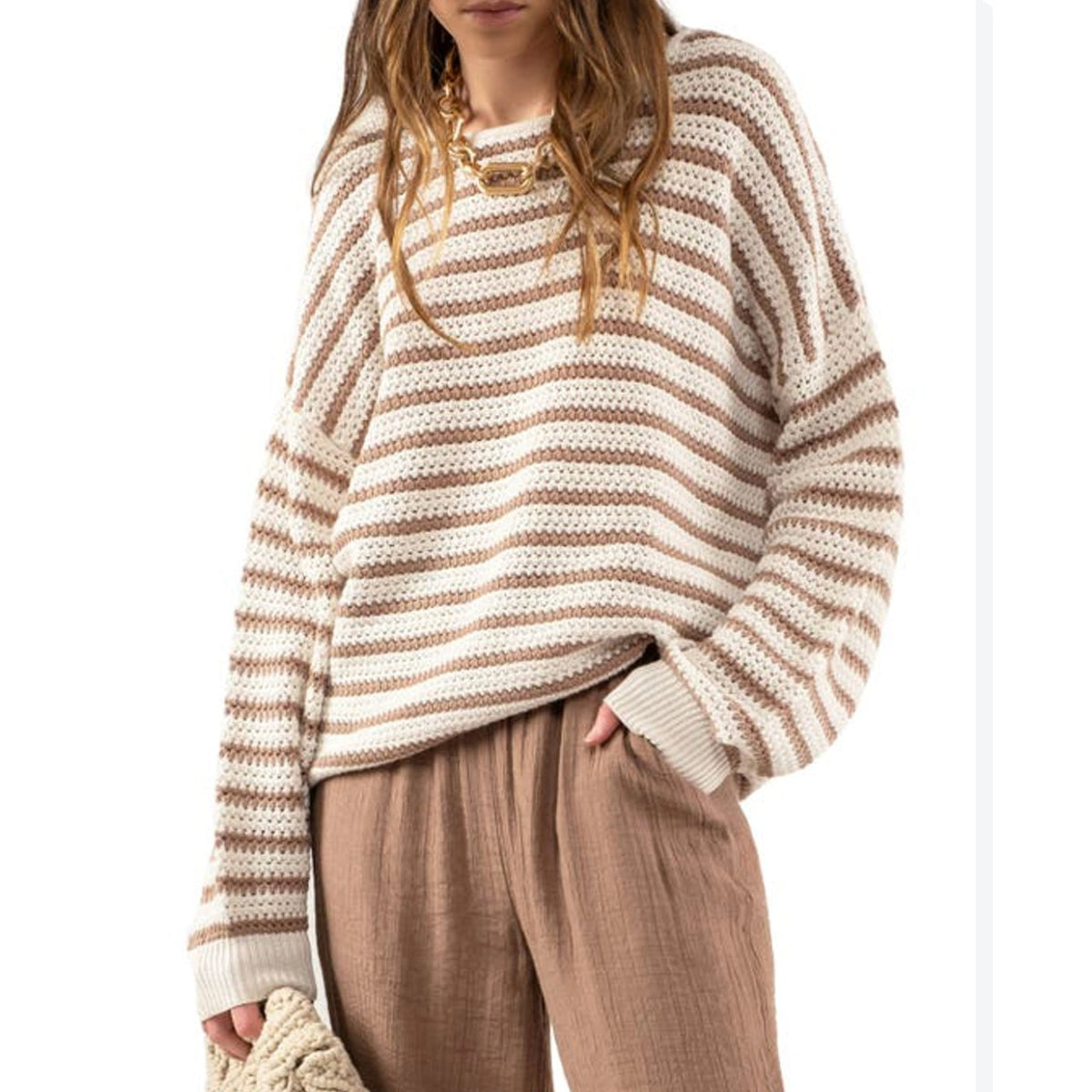VICI Striped Long Sleeve Scoop Neck Crochet Knit Pullover Sweater Brown White L