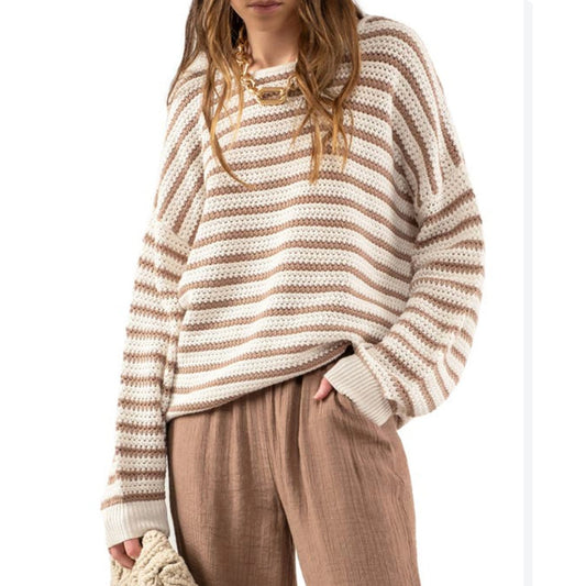 VICI Striped Long Sleeve Scoop Neck Crochet Knit Pullover Sweater Brown White L