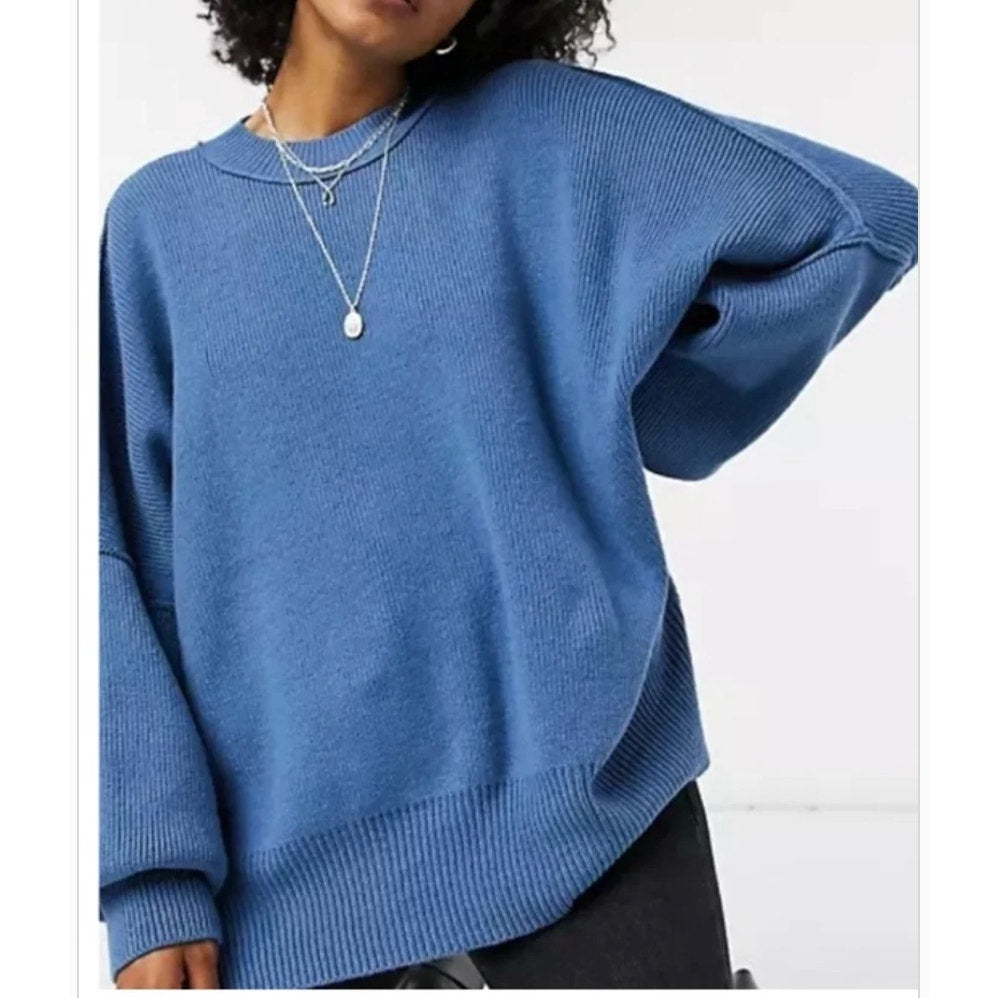 Free People Easy Street Ribbed Oversized Crewneck Sweater Blue Large