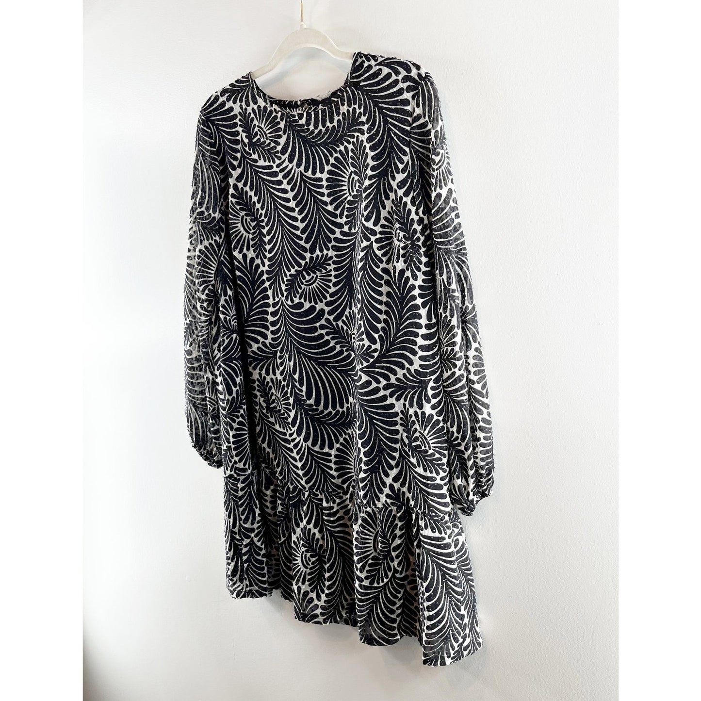 LOFT Fern Printed Flounce Long Sleeve Mini Swing Dress Black Medium Petite