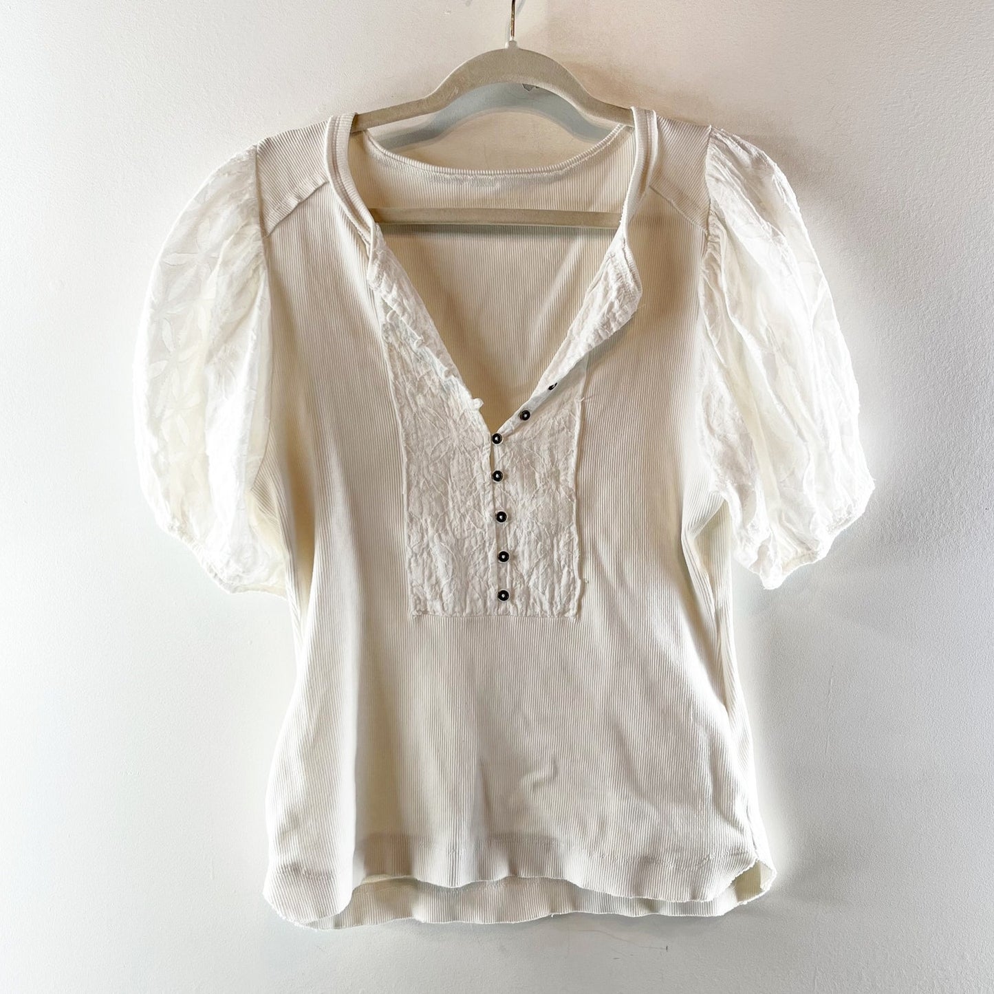 Pilcro Anthropologie Short Puff Sleeve Henley Ribbed Top White Medium