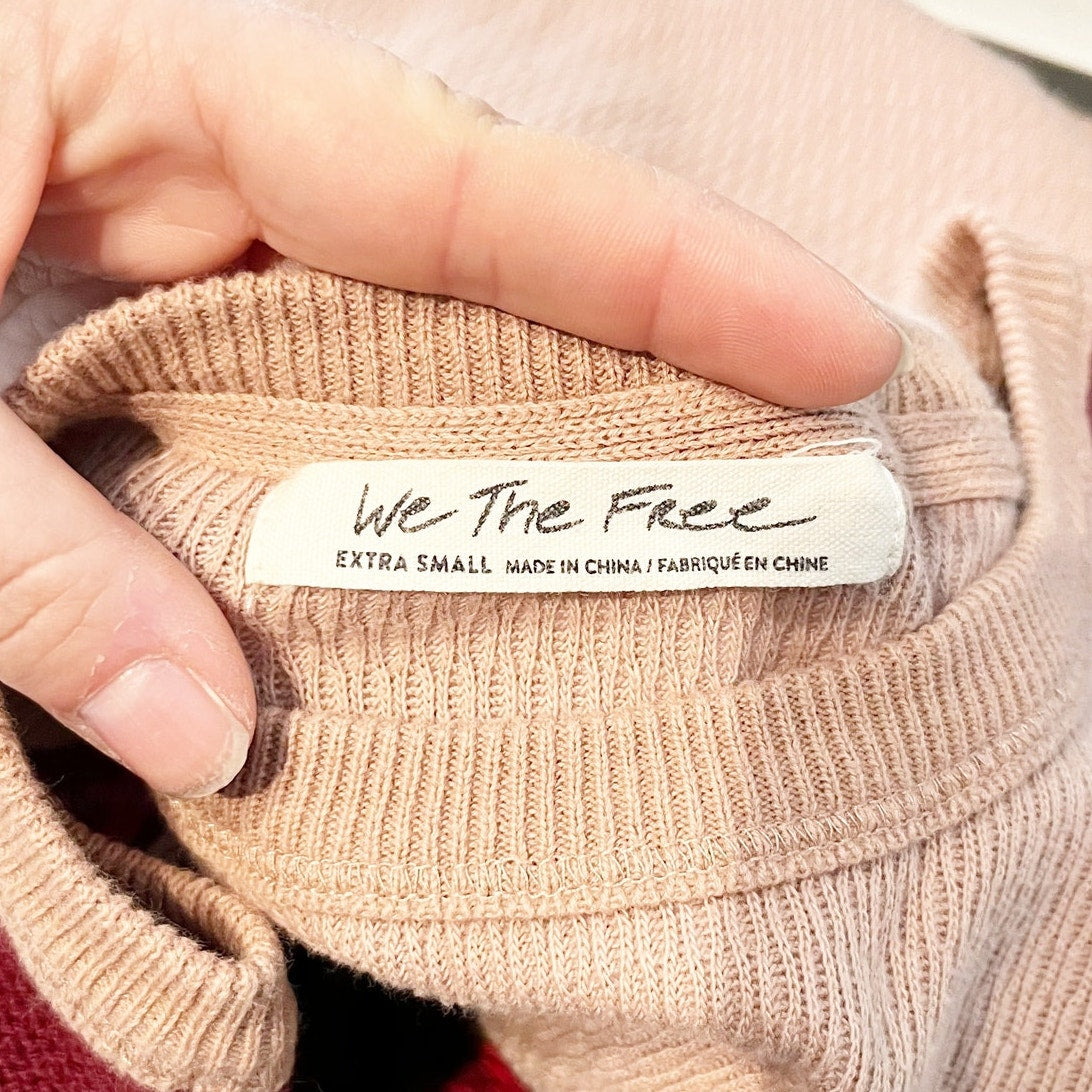 Free People Rainbow Dreams Long Bubble Sleeve Thermal Sweater Tan Pink Red XS