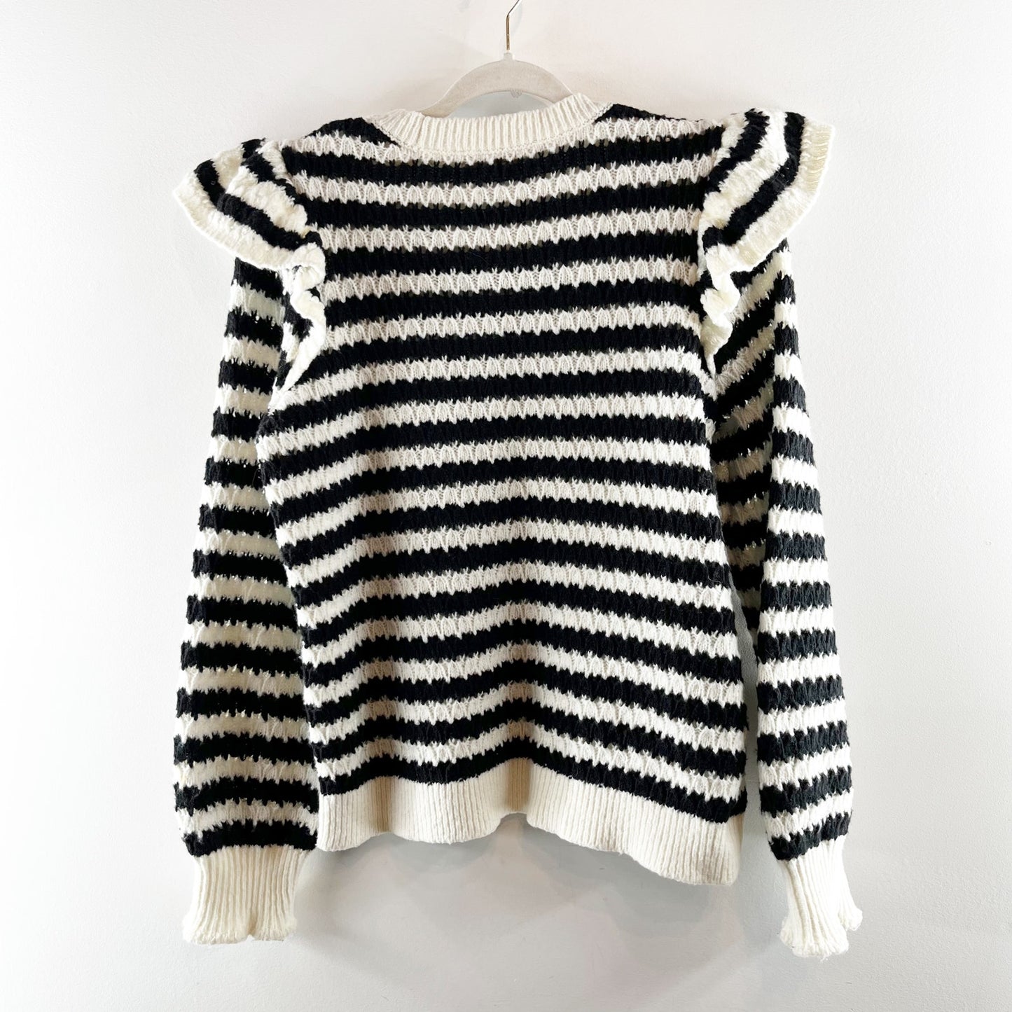 LOFT Striped Long Sleeve Pointelle Knit Ruffle Shoulder Sweater White Black XL