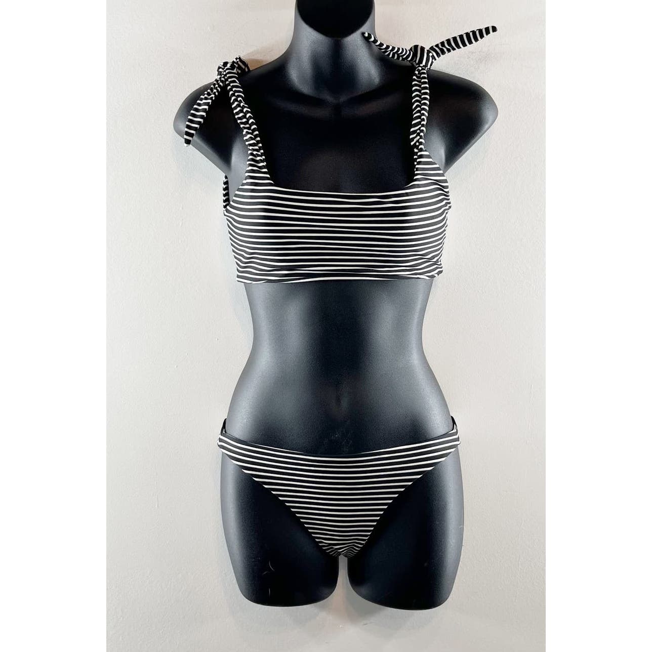 MIKOH Jamaica Bikini Top and Zuma Striped Bottoms Swimsuit Black White Medium
