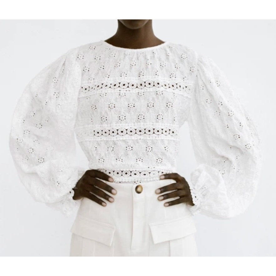 ZARA Long Sleeve Lace Pointelle Balloon Sleeve Blouse White Large