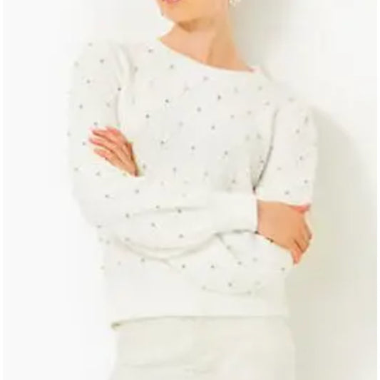 Lilly Pulitzer Veronita Long Sleeve Crewneck Embellished Sweater Cream Large