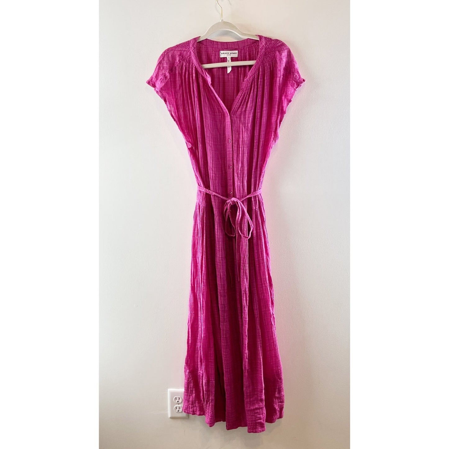Apiece Apart Forte Short Sleeve Belted Cotton Maxi Dress Raspberry Pink Medium