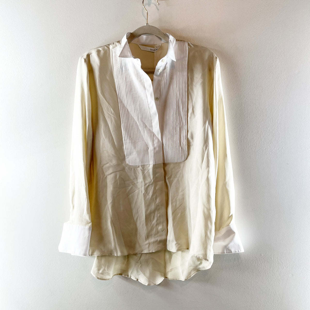 ZARA Silk Long Sleeve Bib Button Down Blouse Shirt Champagne Tan White Small