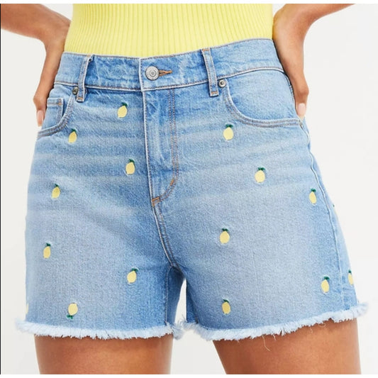 LOFT Lemon Print Embroidered High Waisted Jean Denim Cutoff Shorts Blue 25