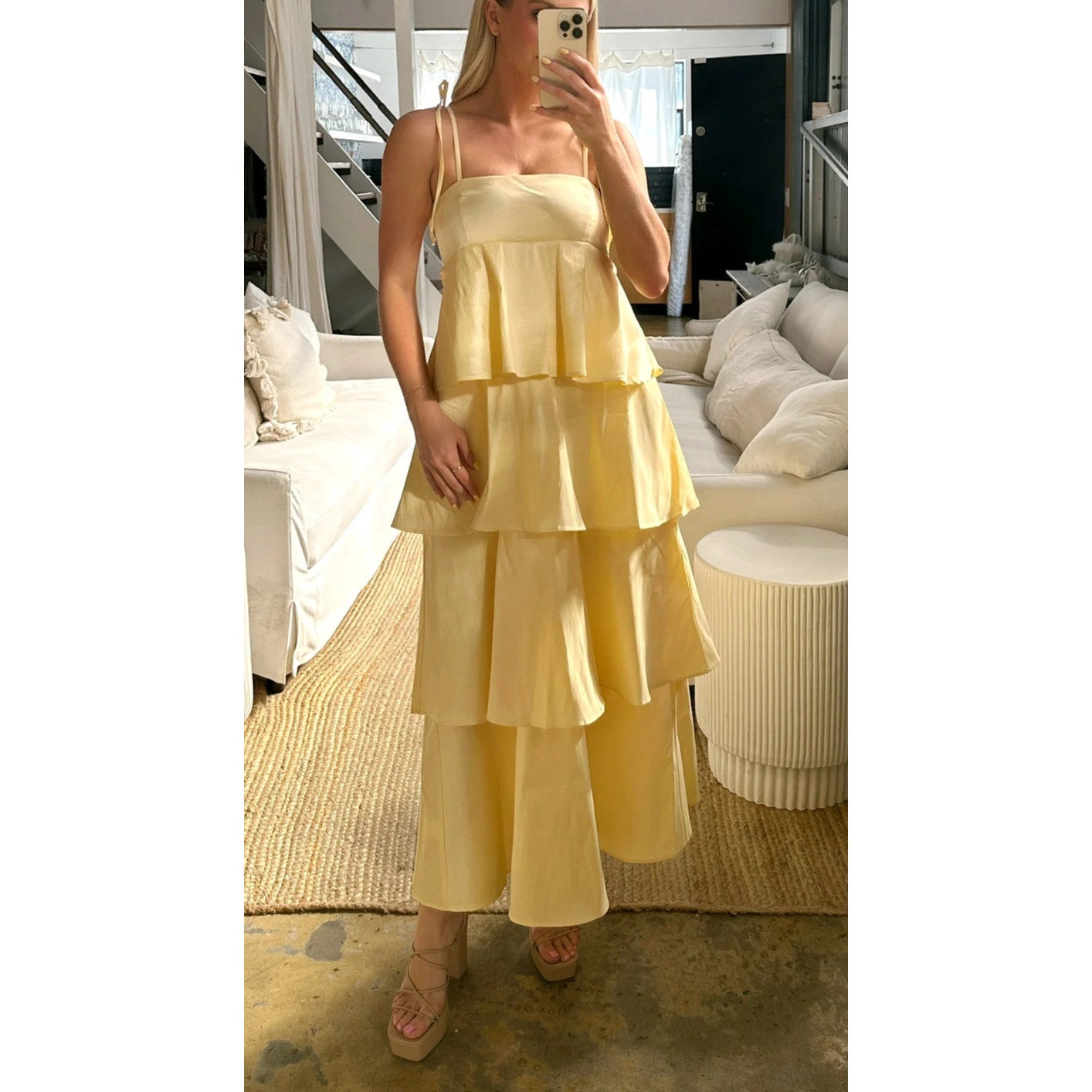 Show Me Your Mumu Meet Cute Tiered Ruffle Midi Dress Pale Yellow Taffeta XXL