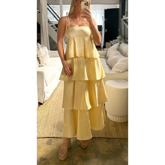 Show Me Your Mumu Meet Cute Tiered Ruffle Midi Dress Pale Yellow Taffeta XXL