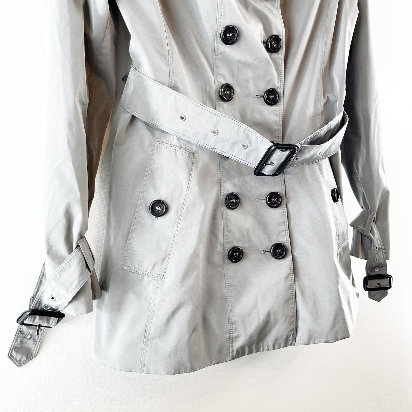 Burberry London Long Sleeve Double Breasted Belted Trench Coat Light Gray 6