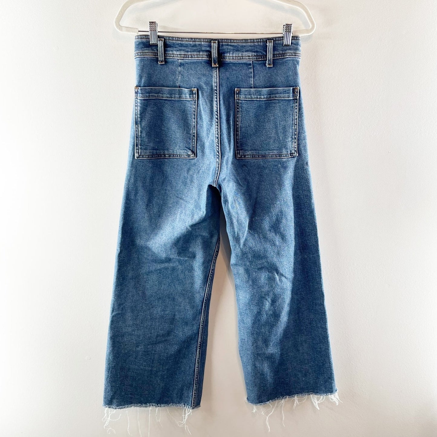 Zara Marine High Rise Frayed Hem Denim Wide Leg Jeans Blue 8