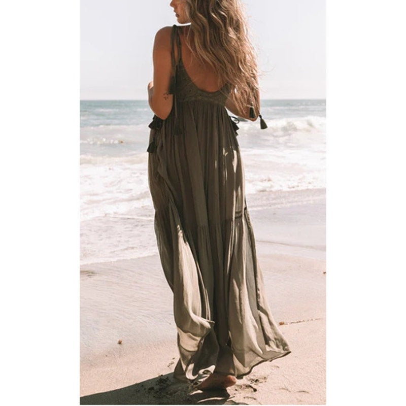 Lovestitch Beach Bliss Lace Trim Boho Cover Up Maxi Sundress Moss Green Medium