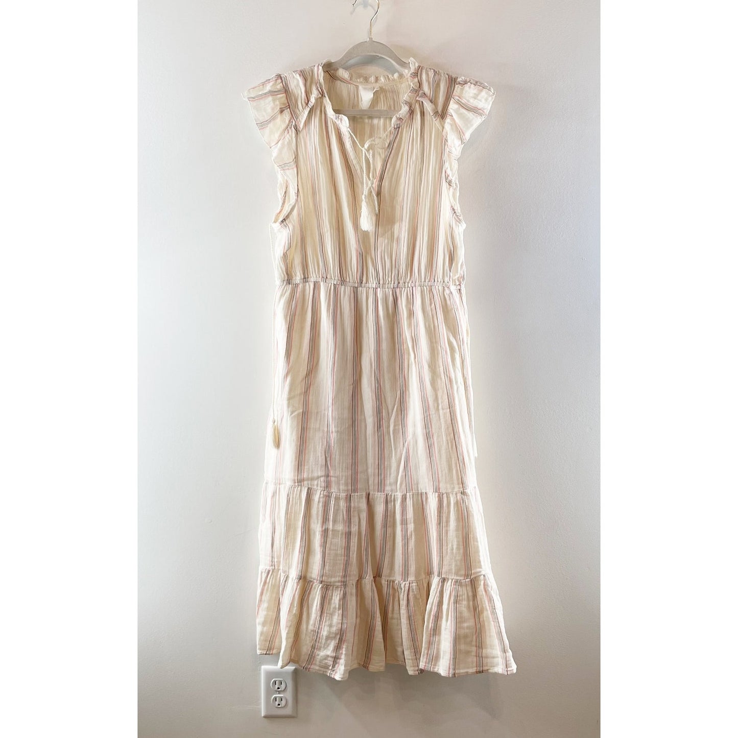 Ady P Striped Tiered Ruffle Shoulder Cotton Midi Dress Cream Tan Large