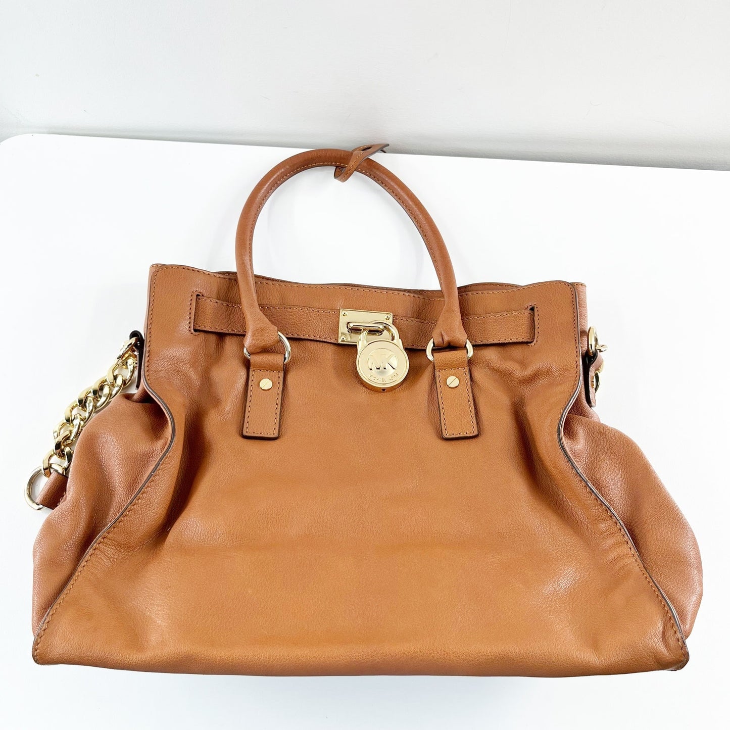 Michael Kors Hamilton Leather Tote Satchel Brown Cognac