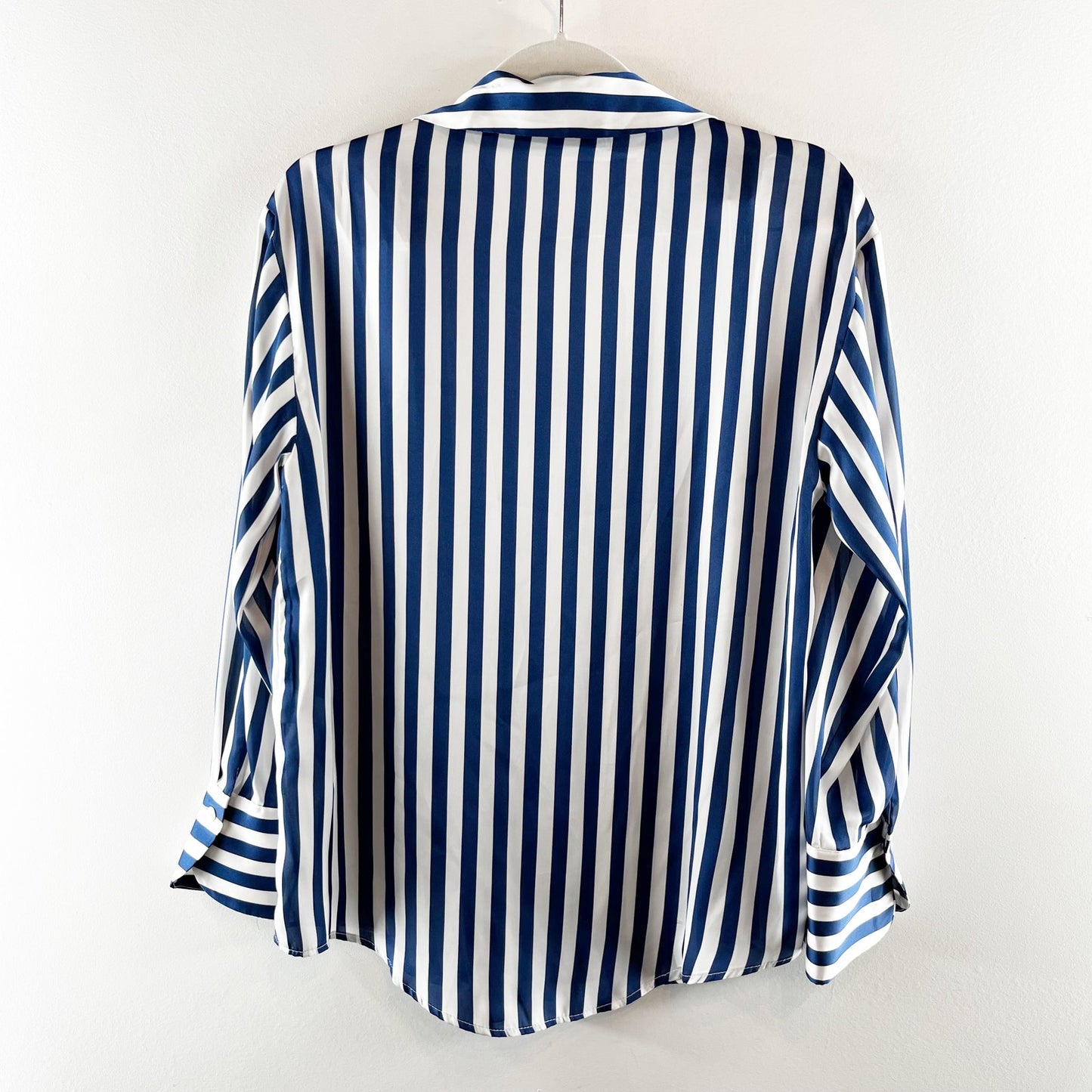 Zara Striped Print Long Sleeve Collared Button-Up Shirt Navy Blue White Medium