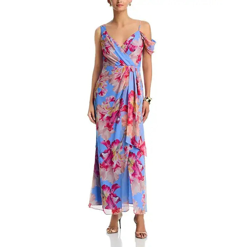 Aqua Floral Satin Burnout Sleeveless V-Neck Maxi Dress Blue Multi Large