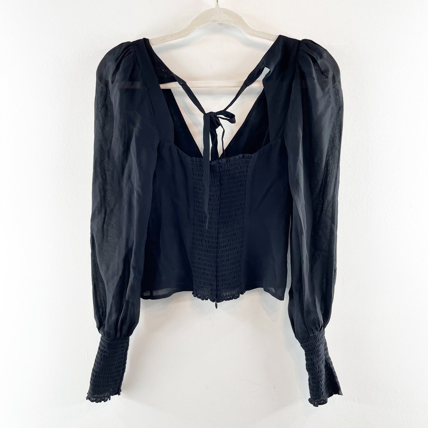 Reformation Michel Sheer Long Sleeve V Neck Tie Back Black Blouse Top 2