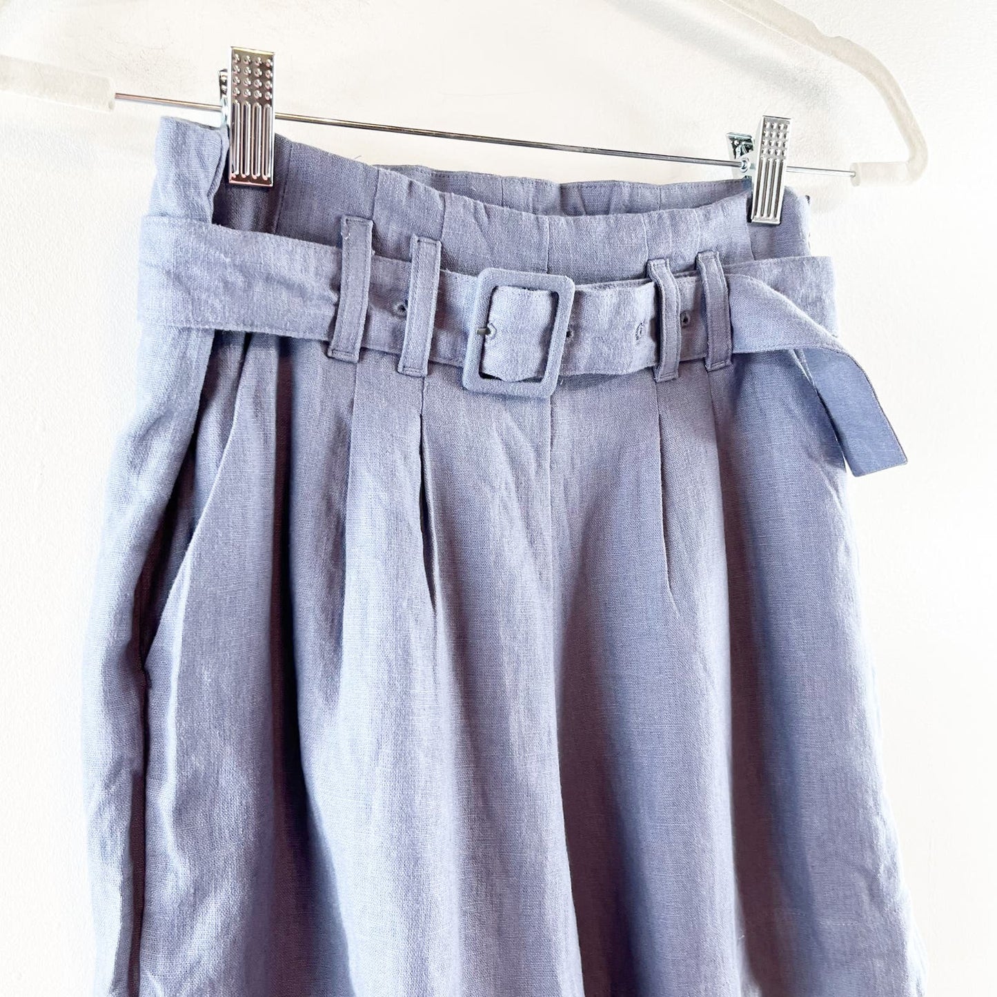 Abercrombie & Fitch Ultra High Rise Linen Blend Pleated Belted Shorts Blue Small