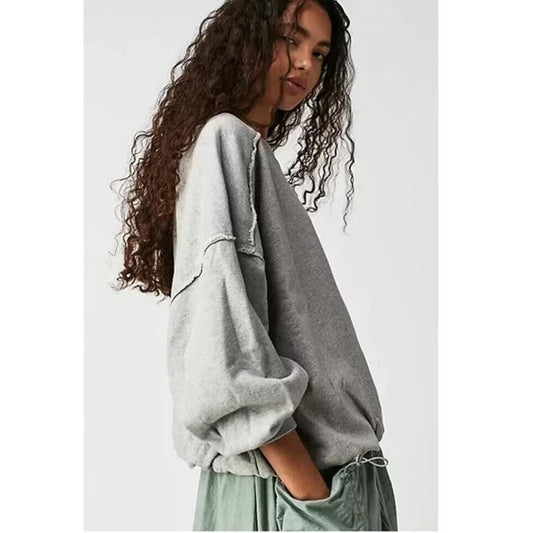 Free People Bubble Up Dropped Shoulder Oversized Pullover Sweatshirt Gray Medium