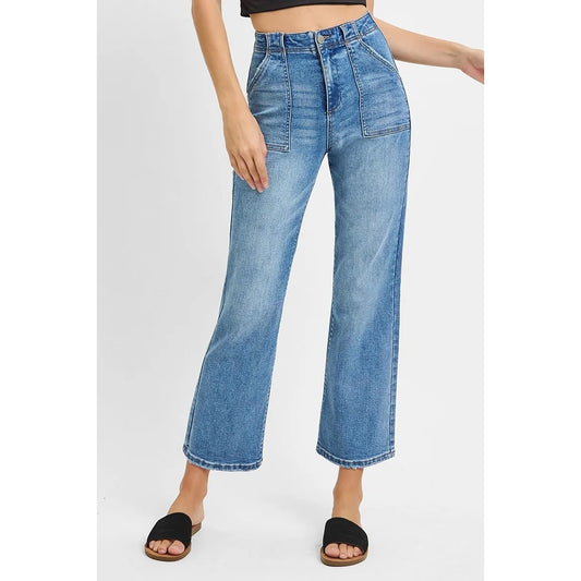Risen High Rise Ankle Flare Patch Pocket Jeans Blue 28
