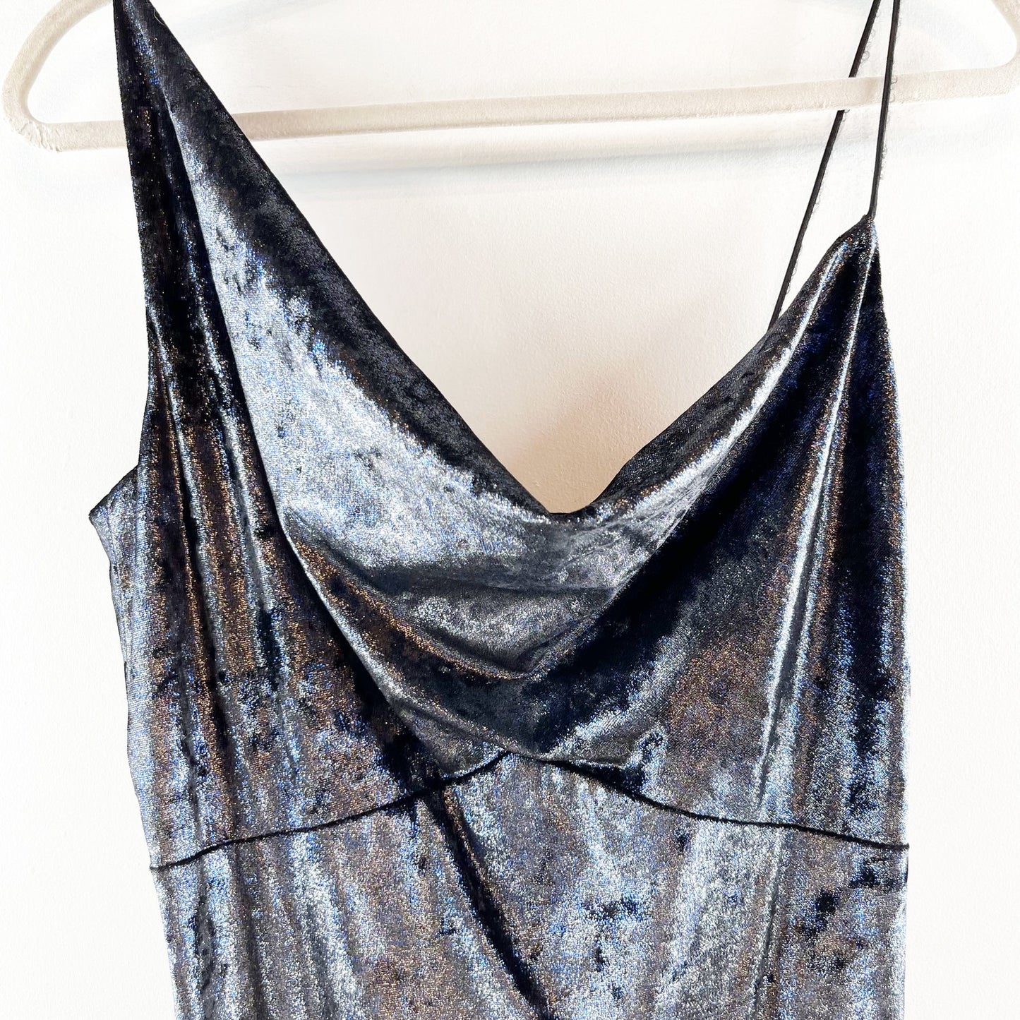 Nicole Miller Metallic Asymmetric Cowl Neck Maxi Mermaid Dress Silver Blue 10