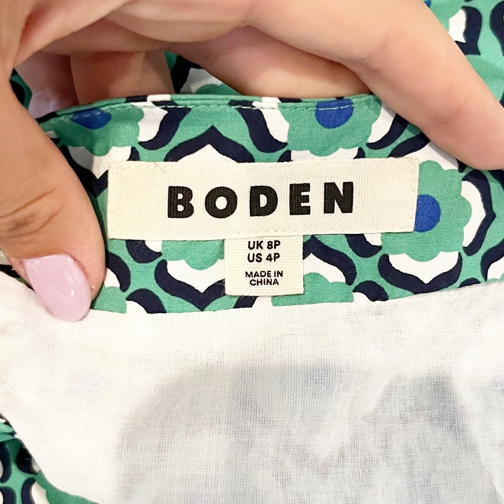 Boden May Tiered Short Ruffle Cap Sleeve Geo Print Poplin Midi Dress Green 4 P