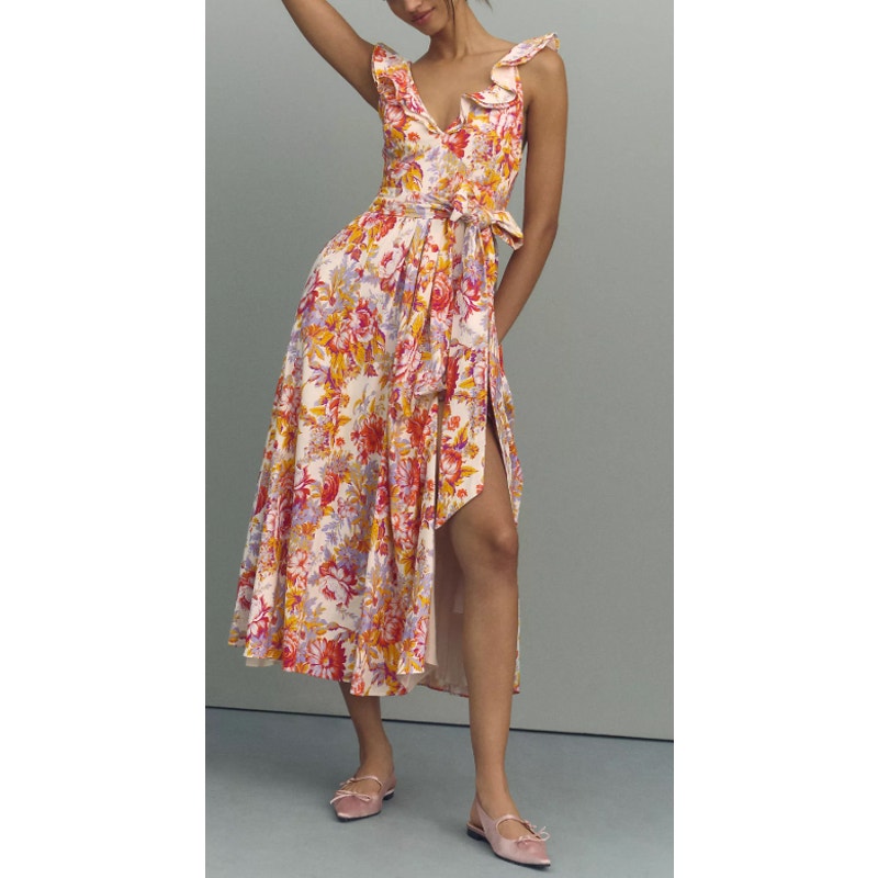 BHLDN Anthropologie Sadie V-Neck Fit & Flare Linen Floral Midi Dress Pink Medium