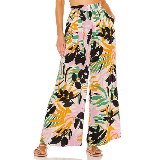 Maaji Tropical Print High Waisted Belted Wide Leg Palazzo Pants Pink Medium