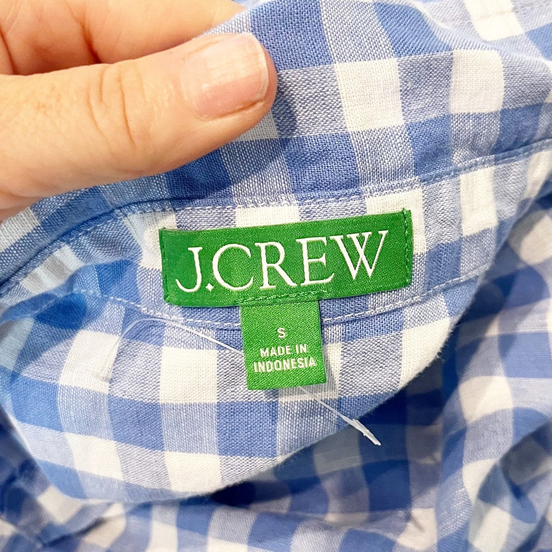 J. Crew Long Sleeve Linen Cotton Mini Gingham Shirt Dress Blue White Small
