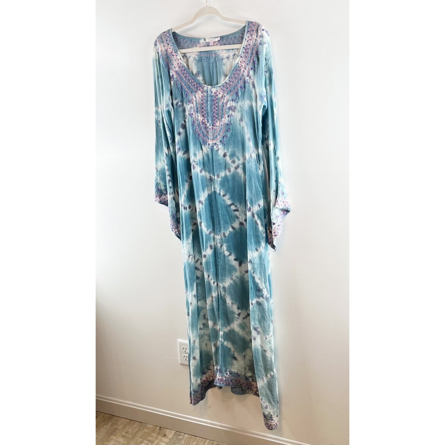 Calypso St. Barth Tie Dye Long Sleeve Scoop Neck Maxi Cover Up Dress Blue Large