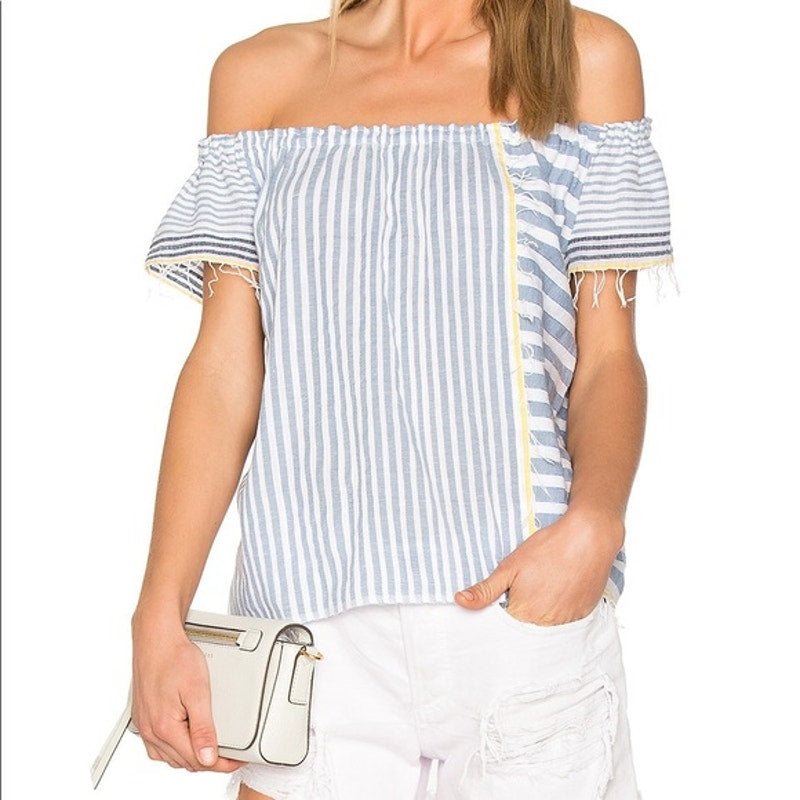 LemLem Striped Fringe Off Shoulder Cotton Top Blouse Blue White Yellow XS