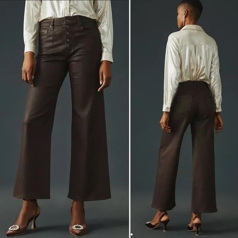 Paige Anessa High Rise Wide Leg Coated Cropped Pants Chocolate Brown 24