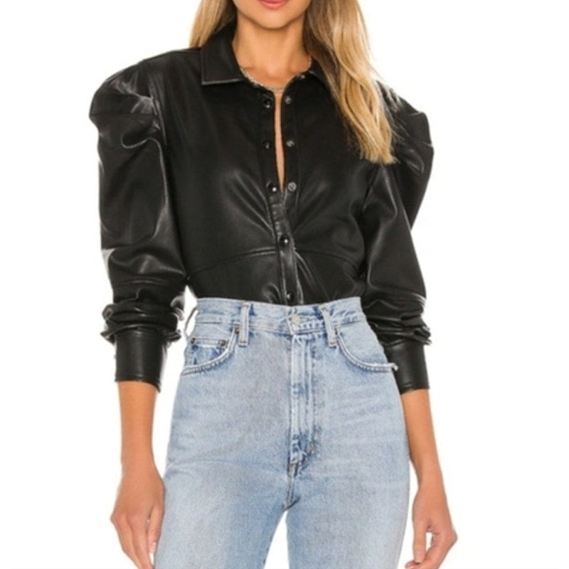 Blank NYC Puff Sleeve Faux Leather Snap Button Front Shirt Black XS