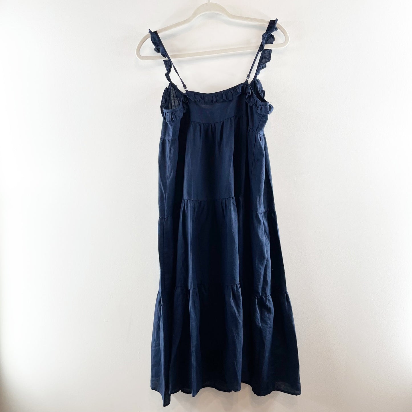 J. Crew Tiered Ruffle Strap Midi Beach Dress in Crinkle Cotton Navy Blue XS