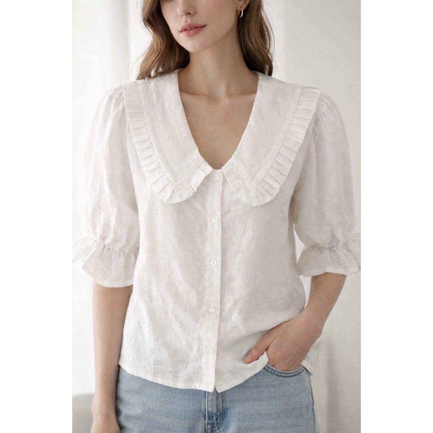 Rouri Linen Peter Pan Collar Puff Sleeve Cropped Blouse Top White Small