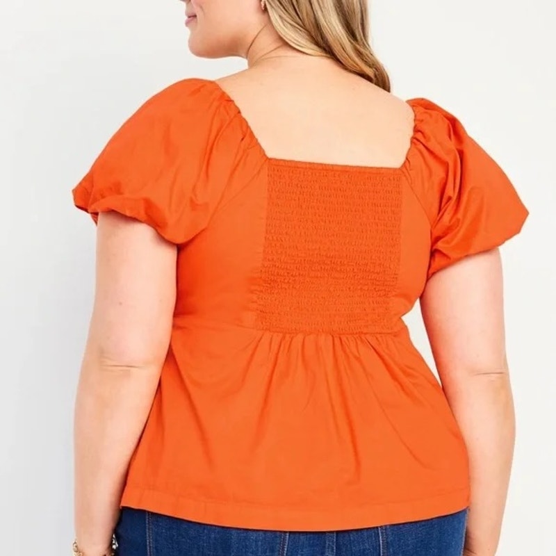 Old Navy Waist-Defined Short Puff Sleeve V-Neck Top Blouse Warm Sunset Orange 2X