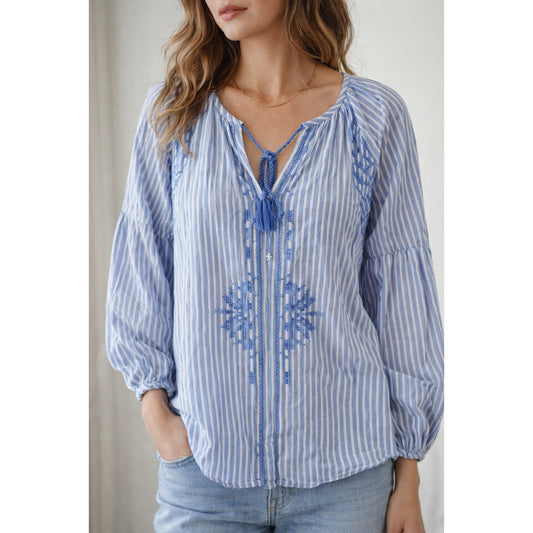 Ro's Garden Long Sleeve Striped Embroidered Blouse Shirt Blue Large