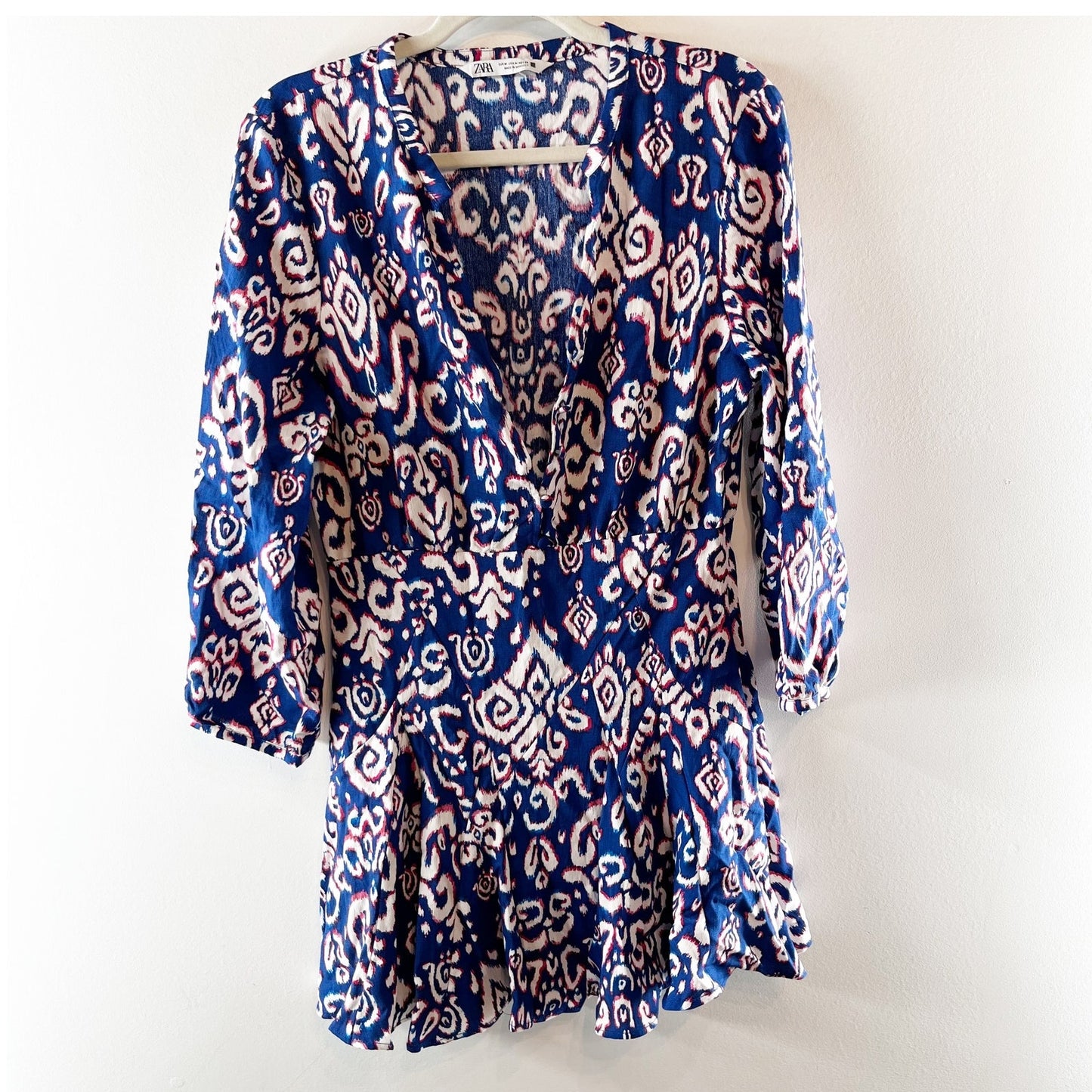 ZARA Printed V Neck Long Sleeve Mini Dress Blue White Medium