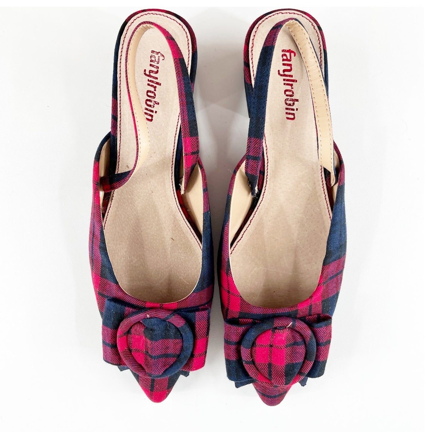 Farylrobin Anthropologie Pointed Toe Slingback Plaid Block Heels Red Blue 9.5