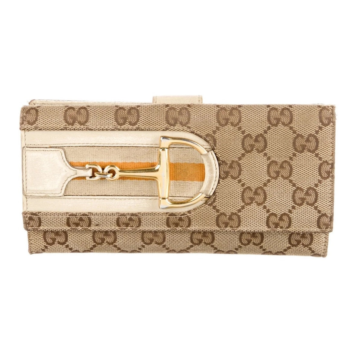 Gucci GG Web Hasler Continental Canvas Horsebit Wallet Tan Beige