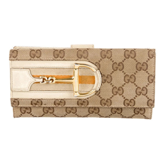 Gucci GG Web Hasler Continental Canvas Horsebit Wallet Tan Beige
