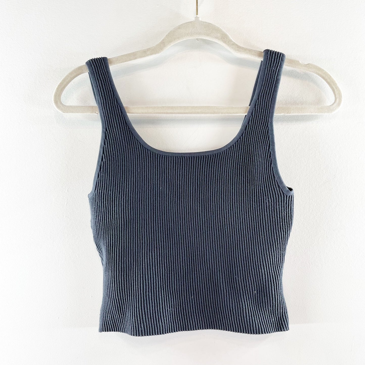 Quince Ribbed Square Neck Cropped Tank Top Gray Blue Small